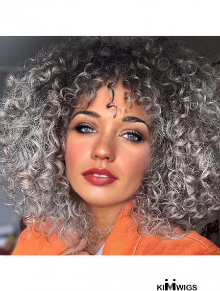 Chic Gray Curly Wig with Bangs – Heat-Friendly Synthetic Hair for African-American Women