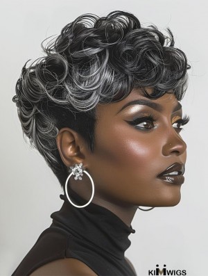 Chic Short Curly Wig with Bangs for Black Women - Grey & Black Mix, Fashionable Glue-Free Hairstyle