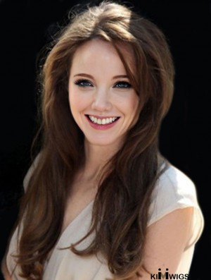 Monofilament Human Hair Angelina Jolie Wigs Long Length Straight Style Brown Color