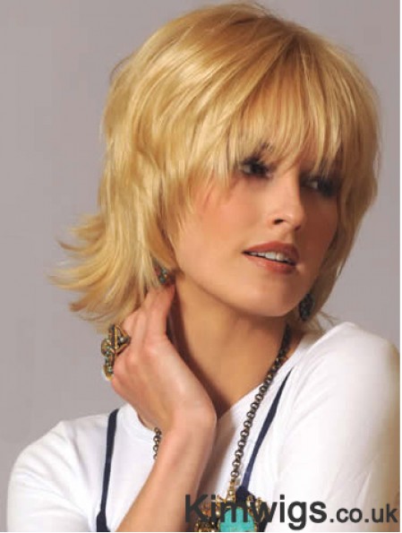 Human Hair Wavy Wigs Blonde Color Wavy Style With Capless