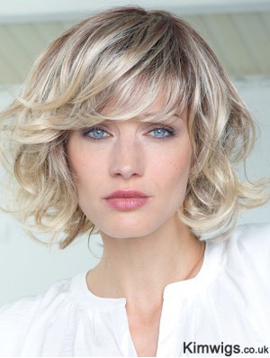 Human Hair Curly Wigs With Bangs Monofilament Shoulder Length Blonde Color