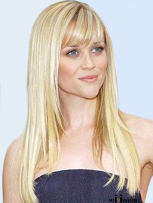 Blonde Remy Human Long Straight With Bangs Mono Wigs Human Hair