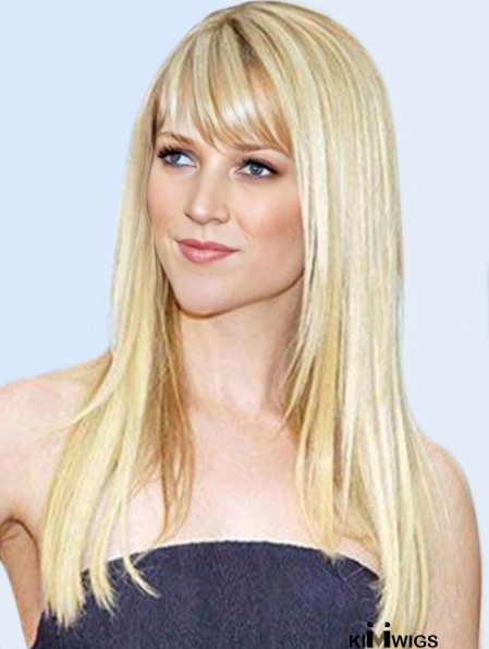 Blonde Remy Human Long Straight With Bangs Mono Wigs Human Hair