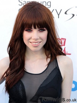 Carly Rae Jepsen Wigs With Bangs Long Length Wavy Style Auburn Color