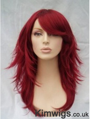 Red Human Hair Wigs Full Wig With Bangs Wavy Style Shoulder Length