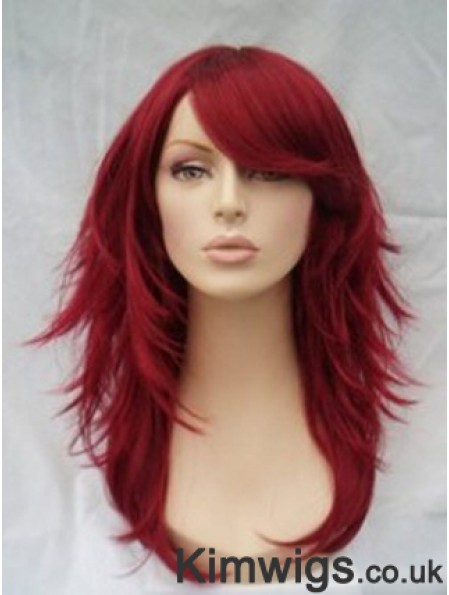 Red Human Hair Wigs Full Wig With Bangs Wavy Style Shoulder Length