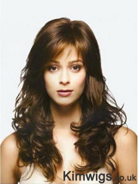 Brown Long Top Wavy With Bangs Human Hair Lace Wigs