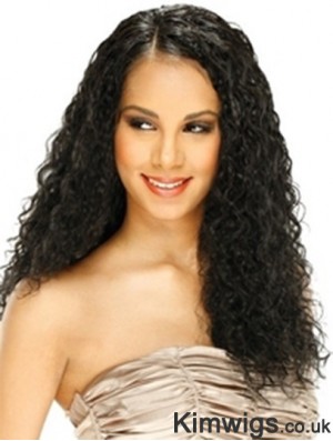 Human Hair Lace Front Wig Curly Style Long Length Black Color