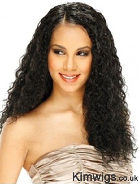 Human Hair Lace Front Wig Curly Style Long Length Black Color