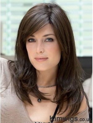 Human Hair Lace Front Wig With Bangs Brown Color Long Length
