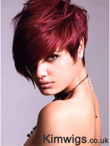 Human Hair Lace Front Wig With Bangs Short Length Red Color