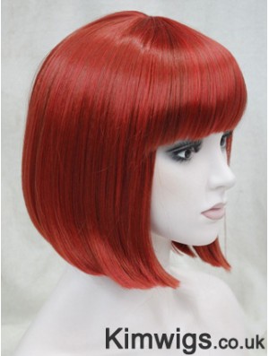 Human Hair Lace Front Wig Chin Length With Bangs Red Color