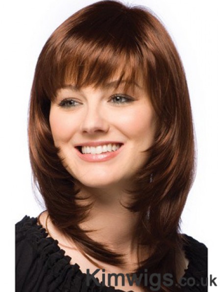 Layered Wig Auburn Human Hair Shoulder Length Wig With Bangs