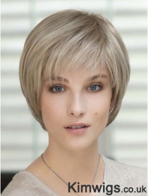 Blonde Short Straight With Bangs Monofilament Wigs