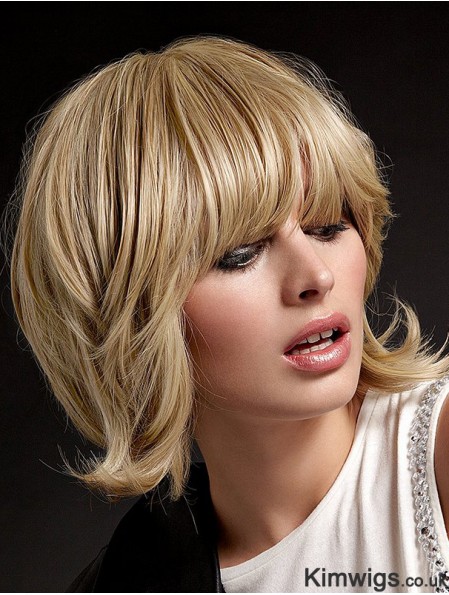 Human Hair Hand Tied Wigs With Bangs Blonde Color Shoulder Length