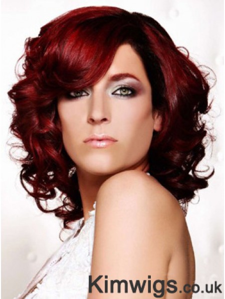 Curly With Bangs Shoulder Length Red Ideal Lace Front Wigs