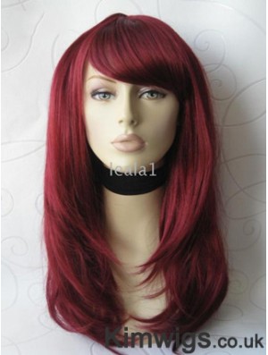 Front Lace Wig With Bangs Long Length Straight Style Red Color