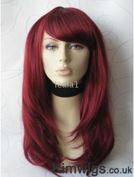 Front Lace Wig With Bangs Long Length Straight Style Red Color