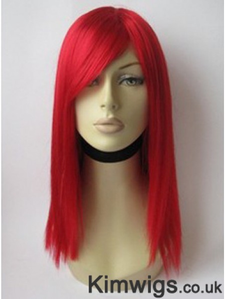 Red Human Hair Wig With Bangs Red Coulr Shoulder Length
