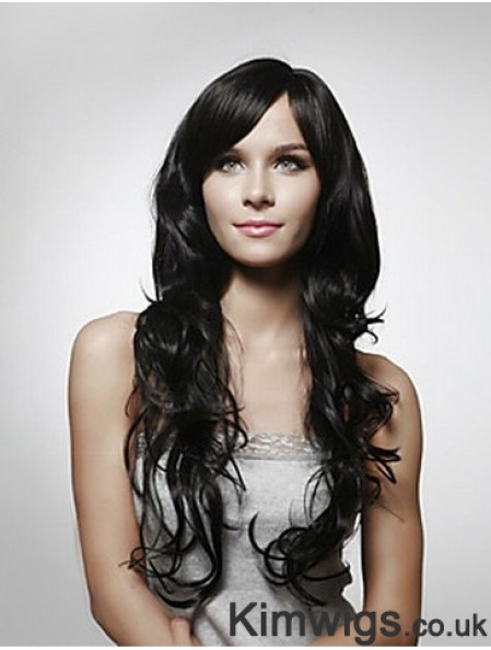 Long Curly Human Hair Wigs Layered Cut Black Color