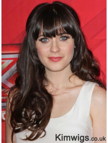 Brown Curly Remy Human With Bangs Human Hair Monofilment Zooey Deschanel Wigs