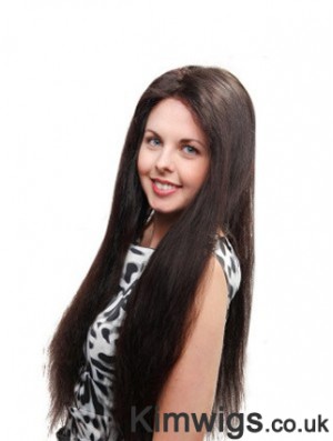 Straight Without Bangs 100% Hand-tied Sleek 26 inch Black Long Wigs