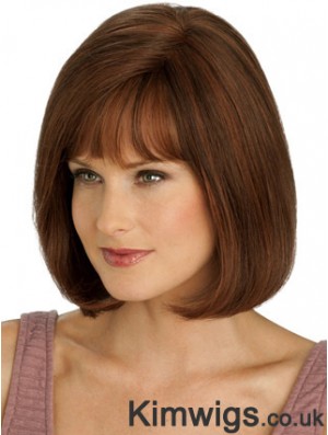 Real Hair Long Bob Wigs With Monofilament Straight Style Auburn Color