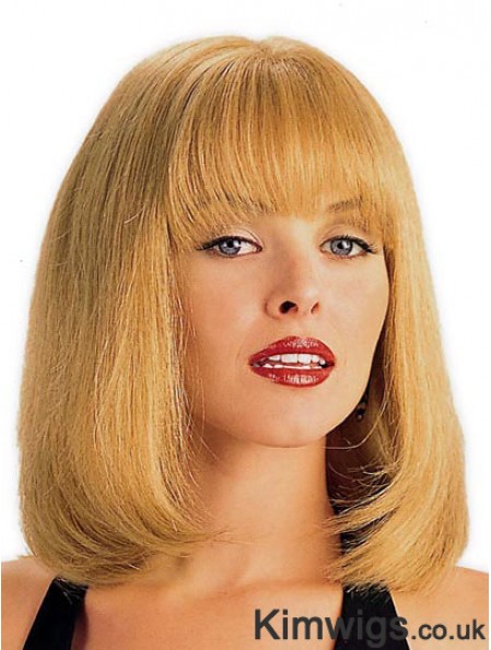 Human Hair Wig Blonde With Bangs Straight Style Shoulder Length