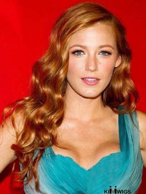 Without Bangs Durable Wavy Auburn Long Human Hair Lace Front Blake Lively Wigs