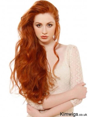 Without Bangs Long Copper Wavy 24 inch Soft Human Hair Beyaz Tenliler Wigs