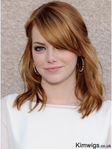100% Hand-tied Wavy With Bangs Shoulder Length 16 inch Human Hair Emma Stone Wigs