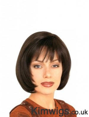 With Bangs Durable Straight Brown Chin Length Human Hair Wigs