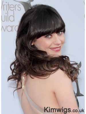 Convenient Brown Long Wavy 22 inch With Bangs Zooey Deschanel Lace Wigs