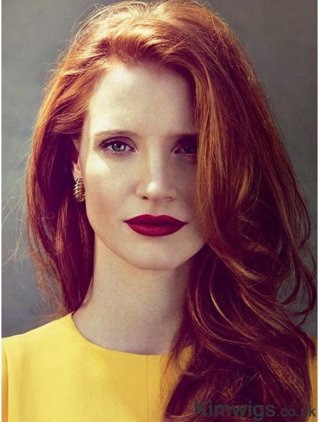 Without Bangs Long Copper Wavy 18 inch Designed Human Hair Jessica Chastain Wigs