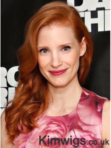 Without Bangs Long Copper Wavy 16 inch Style Human Hair Jessica Chastain Wigs