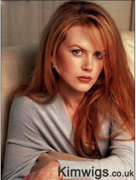 Without Bangs Long Copper Straight 20 inch Lace Human Hair Nicole Kidman Wig