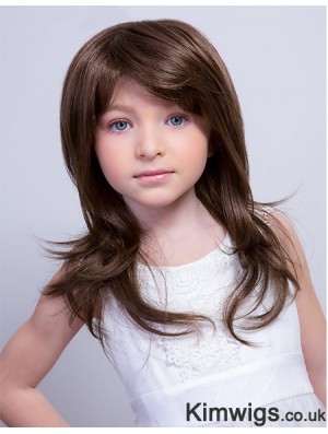 Monofilament 15 inch Straight Long With Bangs Brown Remy Human Hair Kids Wigs Cheap