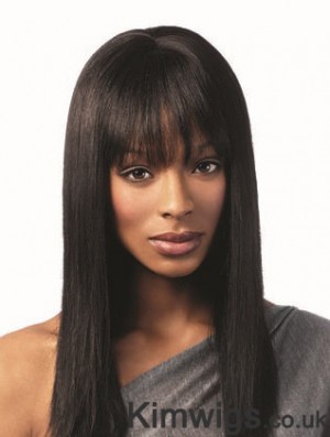 Black Long Wig With Bangs Human Hair African American Straight Wig