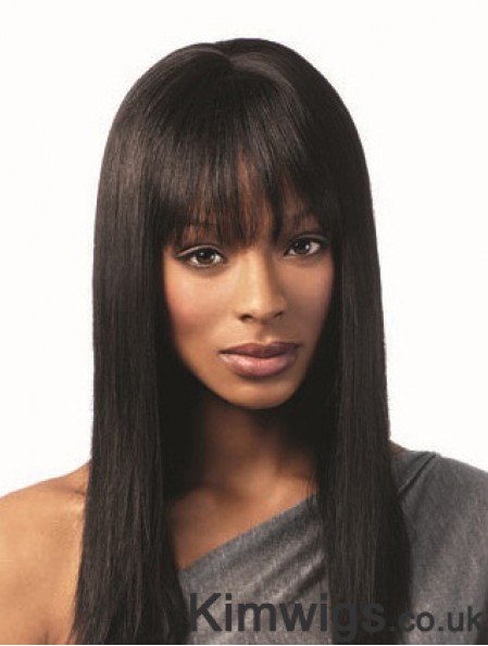 Black Long Wig With Bangs Human Hair African American Straight Wig