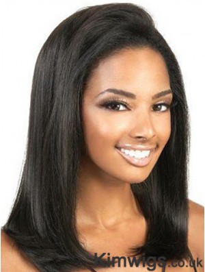 Cheap Human Hair Lace Front Wigs Yaki Style Shoulder Length Black Color