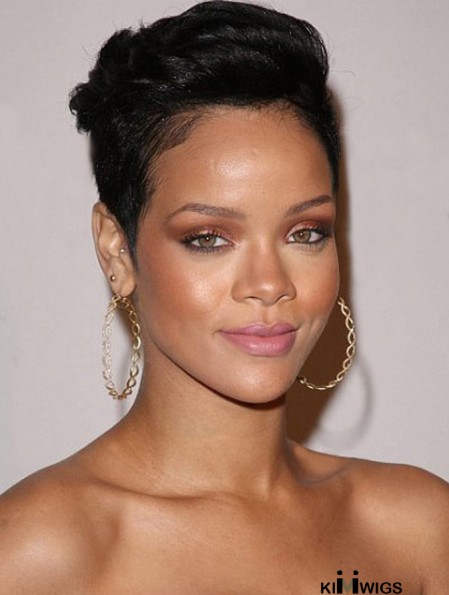 Indian Remy Lace Front Boycuts Straight Black Cropped Rihanna Wigs UK