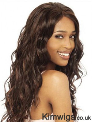 Without Bangs Modern Wavy Brown Long Human Hair Lace Front Wigs