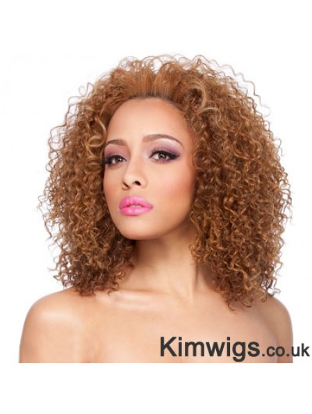 Shoulder Length Auburn Curly Layered Top African American Wigs