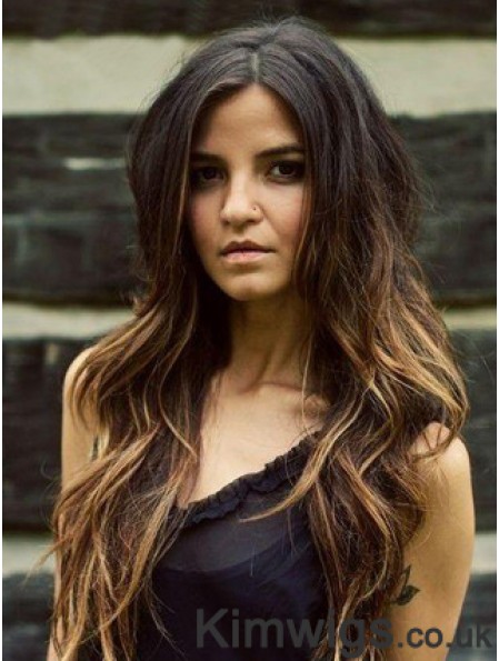 Long Ombre/2 Tone Wavy Without Bangs Fashionable African American Wigs