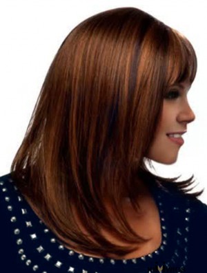 Best Auburn Shoulder Length Straight With Bangs 18 inch Human Hair Wigs