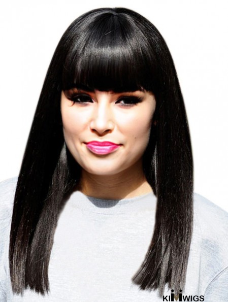 16 inch Designed Black Long Yaki With Bangs Jessie J Wigs