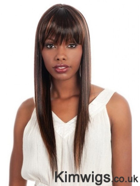 Long Brown Yaki With Bangs Fashionable African American Wigs