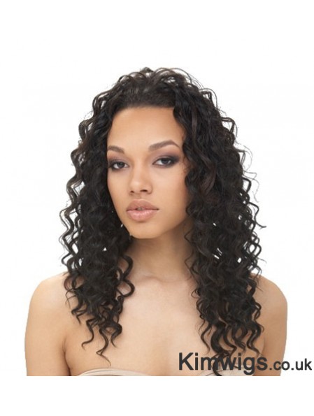 Natural Black Long Without Bangs Curly Glueless Lace Front Wigs