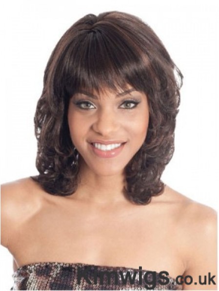 Shoulder Length Brown Wavy With Bangs Fashion African American Wigs