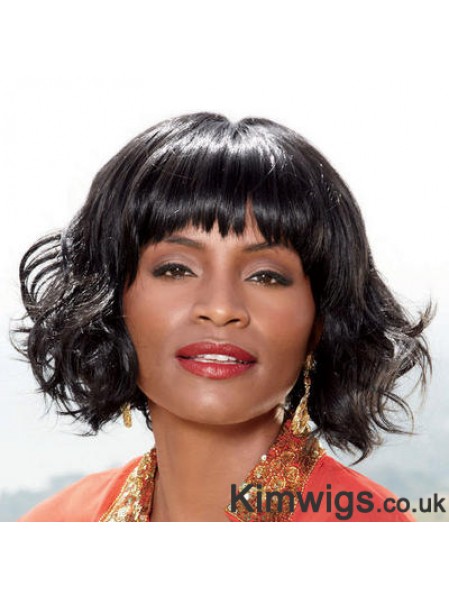 Chin Length Black Wavy With Bangs Style African American Wigs